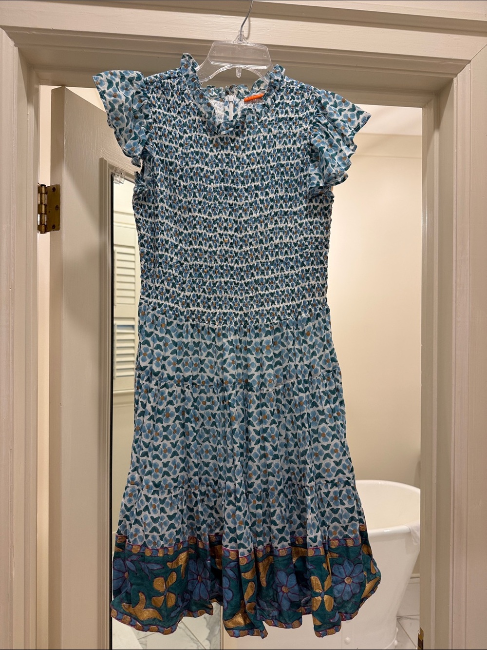 Oliphant Light Blue Floral Smocked Mini Dress